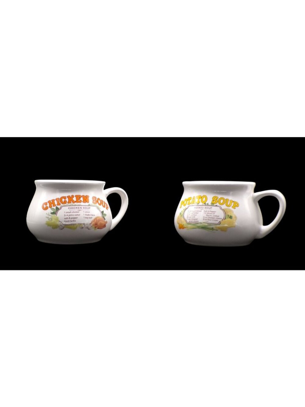 VTG Dat'l Do It Potato & Chicken Soup Recipe Ceramic 16oz Mug Soup Crock Set 2